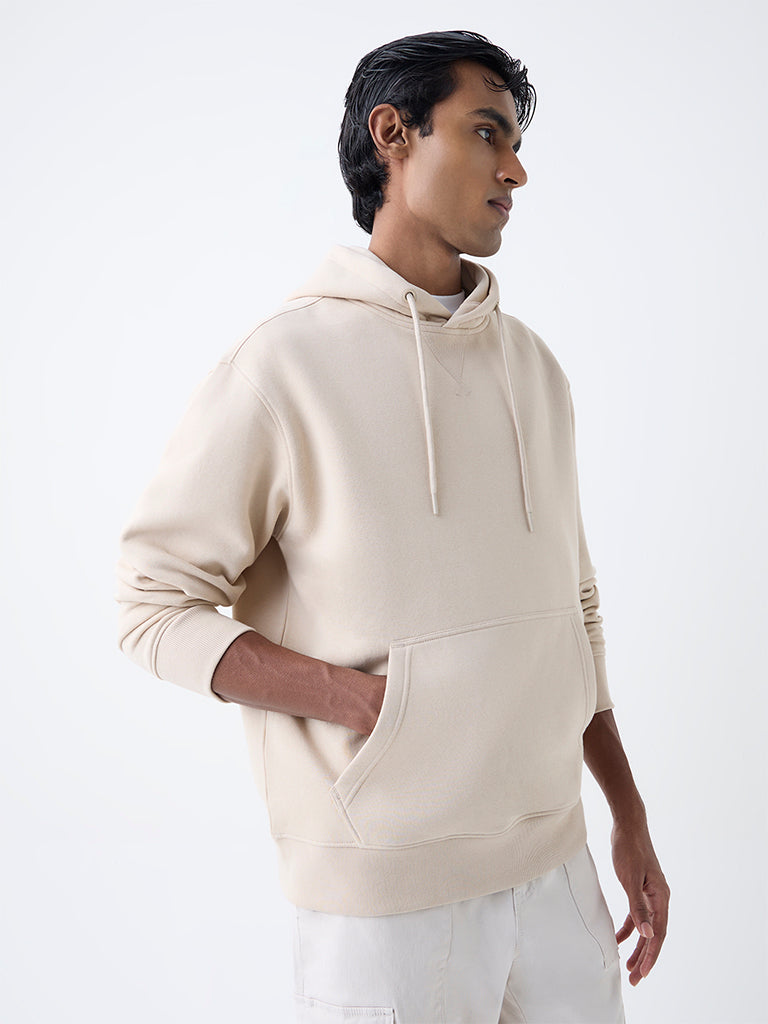 WES Casuals Beige Solid Relaxed-Fit Cotton-Blend Hoodie