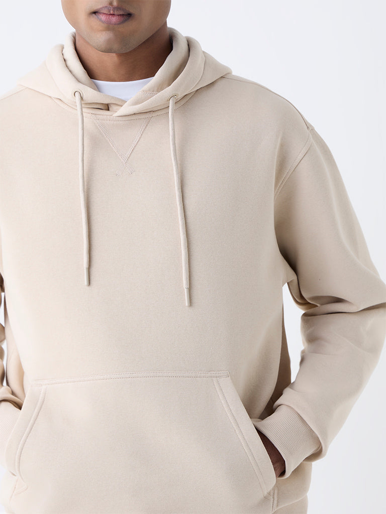 WES Casuals Beige Solid Relaxed-Fit Cotton-Blend Hoodie