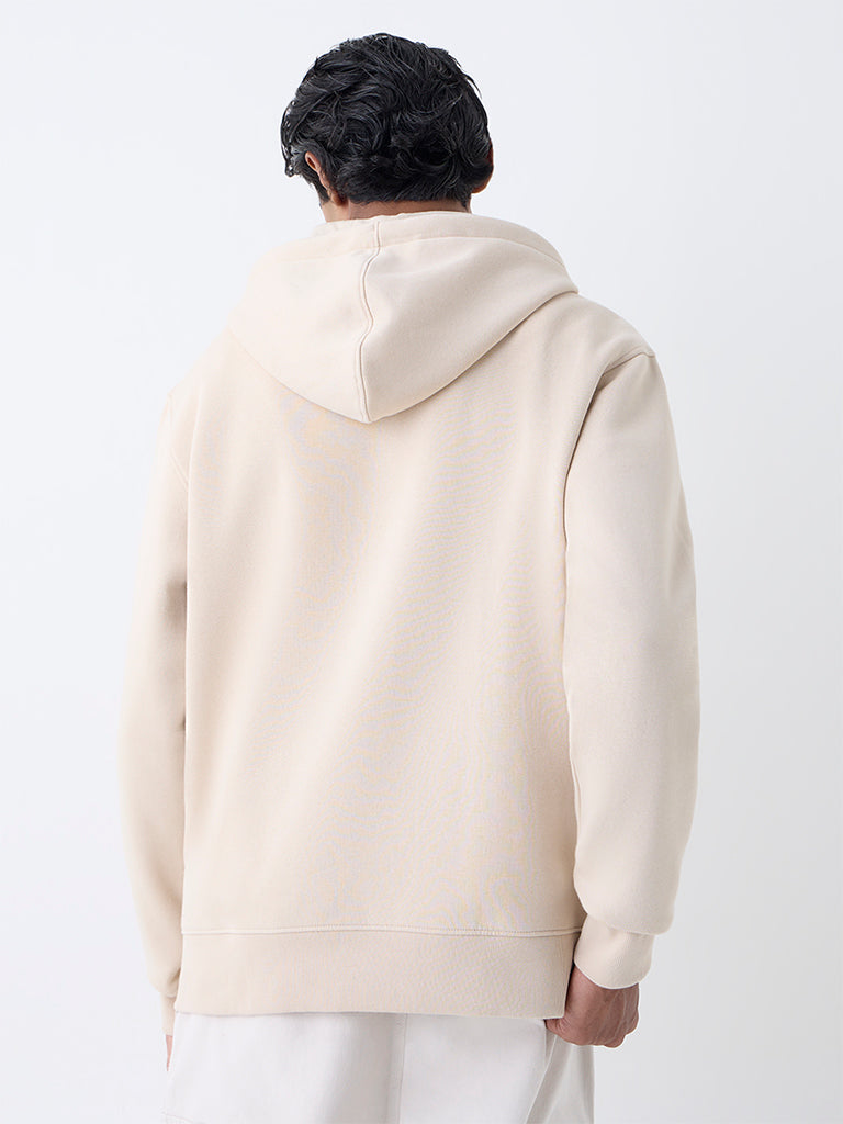 WES Casuals Beige Solid Relaxed-Fit Cotton-Blend Hoodie