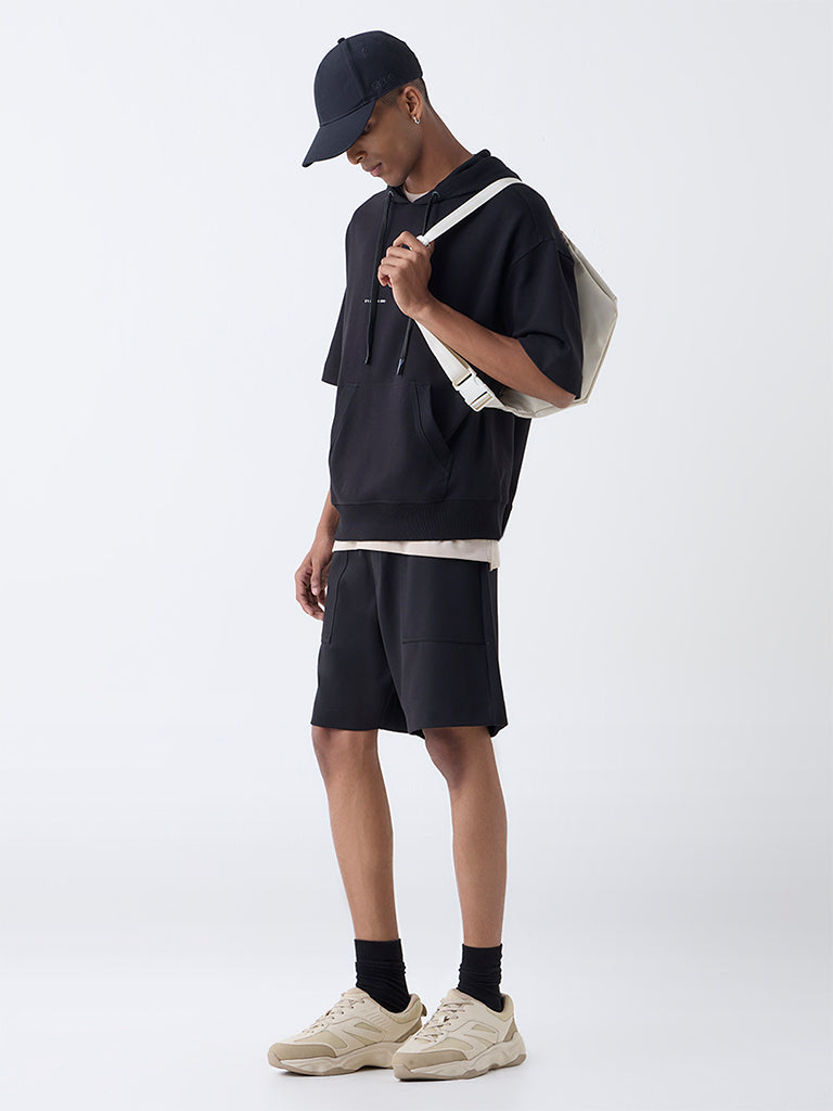 Nuoflexx Black Typographic Relaxed-Fit Cotton-Blend Hoodie