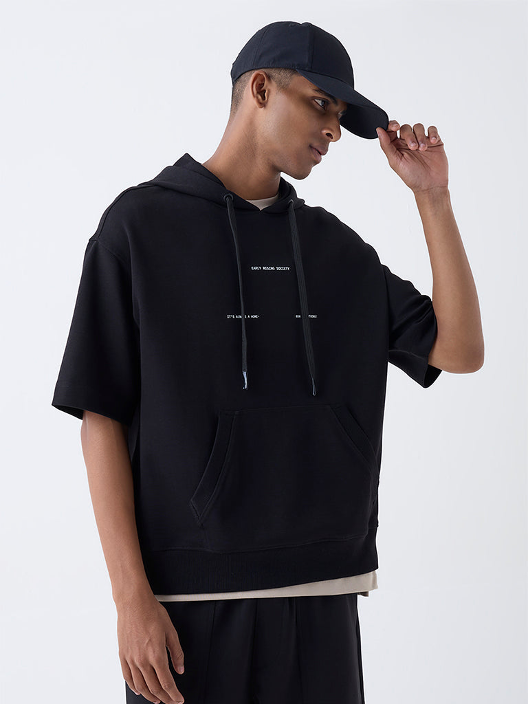 Nuoflexx Black Typographic Relaxed-Fit Cotton-Blend Hoodie