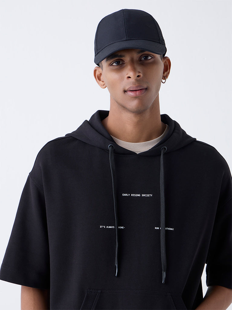 Nuoflexx Black Typographic Relaxed-Fit Cotton-Blend Hoodie