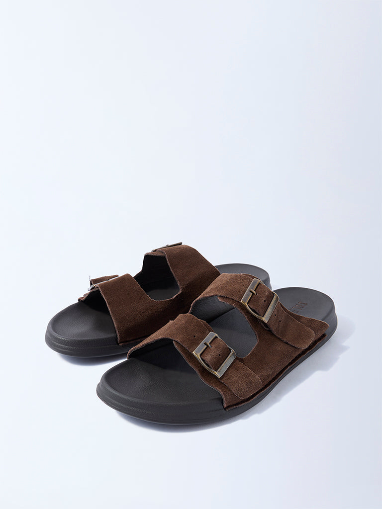 Westside SOLEPLAY Men's Brown Dual-Strap Leather Slip-On Sandals for Casual Wear Front View
