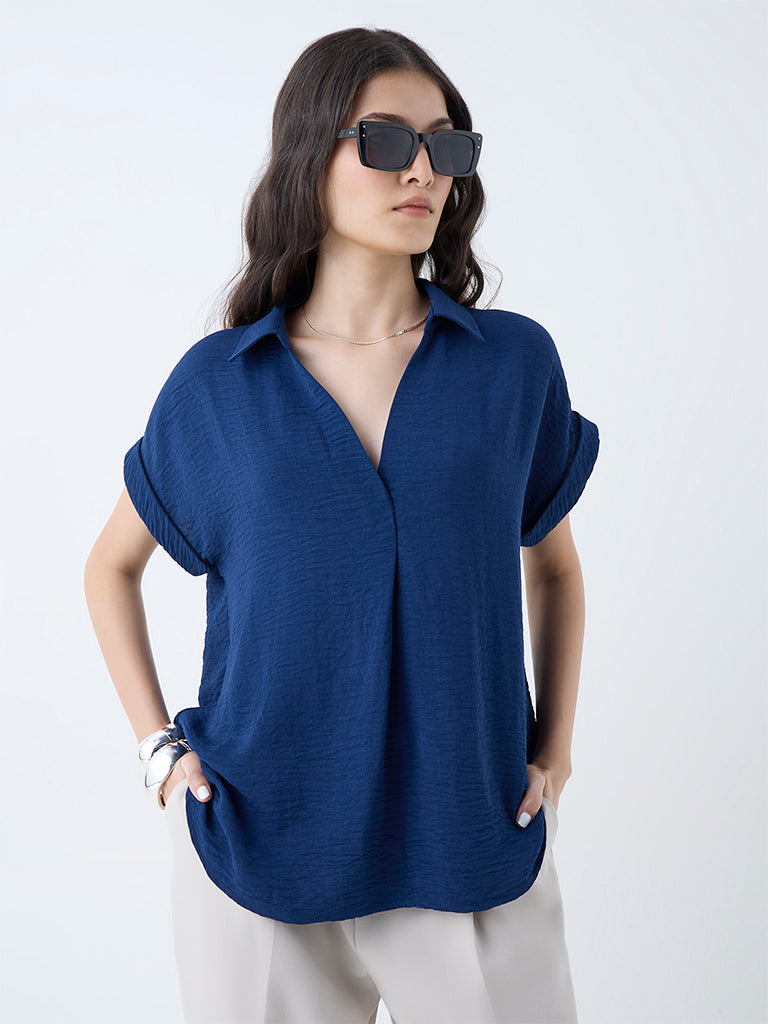Westside Wardrobe Women's Indigo Crinkle-Textured Top for Work Wear Front view
