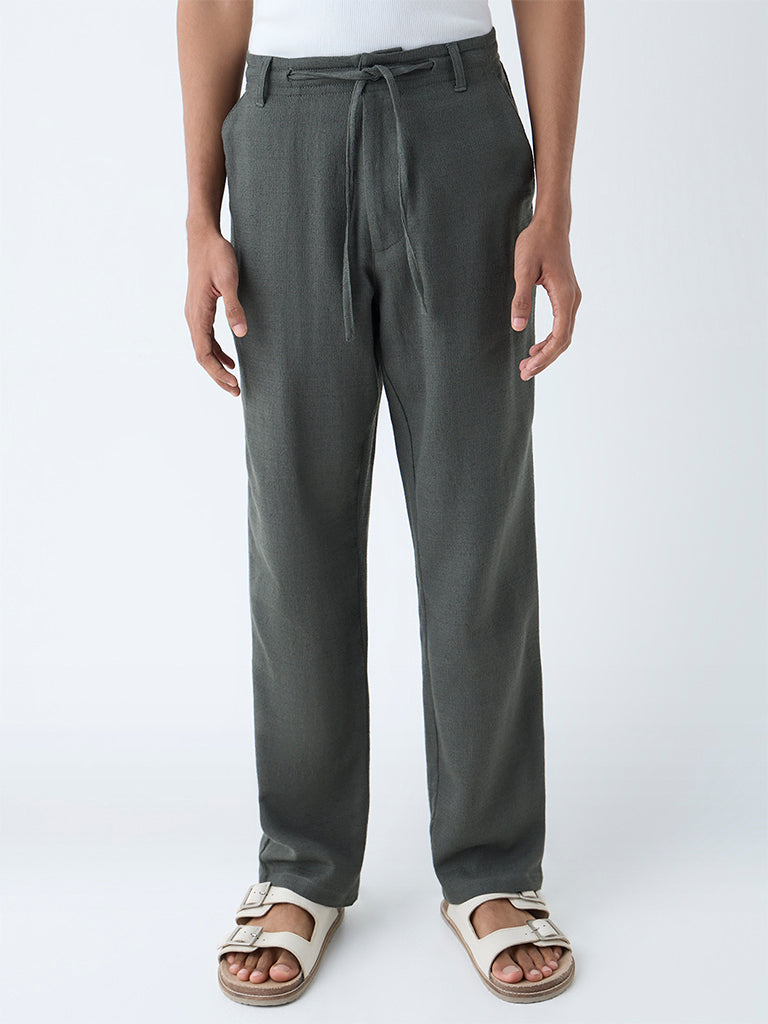 Westside ETA Men's Olive Relaxed-Fit Mid-Rise Cotton-Blend Chinos for Casual Wear Front View