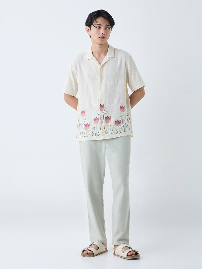 Westside ETA Men's Off-White Floral Embroidered Relaxed-Fit Cotton Shirt for Casual Wear Full View