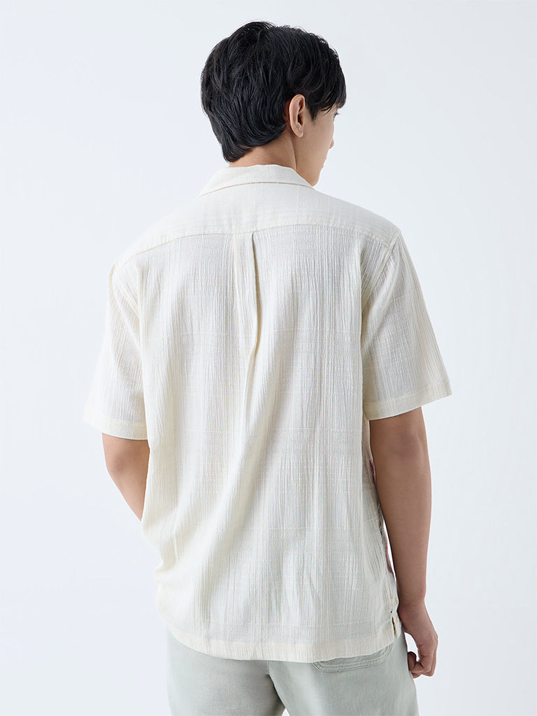 Westside ETA Men's Off-White Floral Embroidered Relaxed-Fit Cotton Shirt for Casual Wear Back View