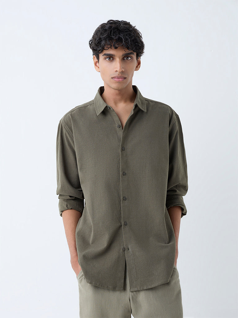 Westside ETA Men's Olive Relaxed-Fit Cotton Shirt for Casual Wear Front view