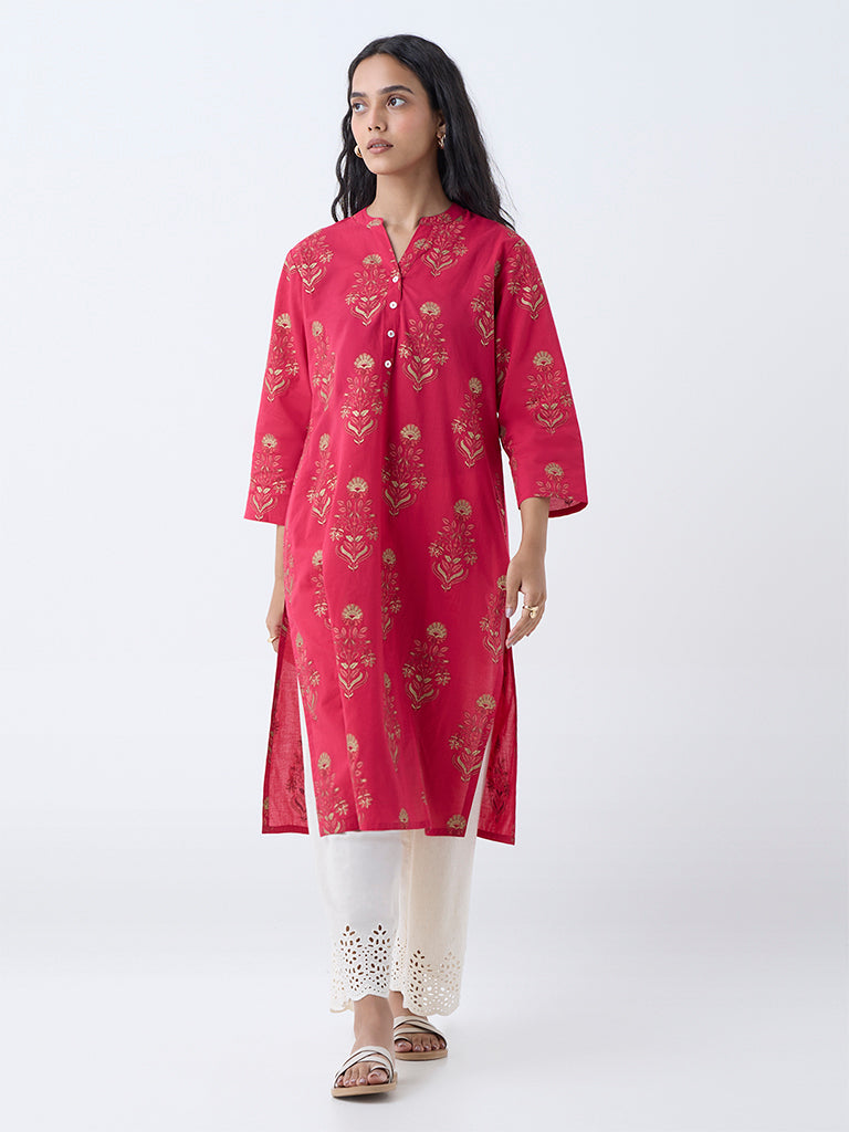 Westside Utsa Women's Coral Floral Design Straight Cotton Kurta for Everyday Full View