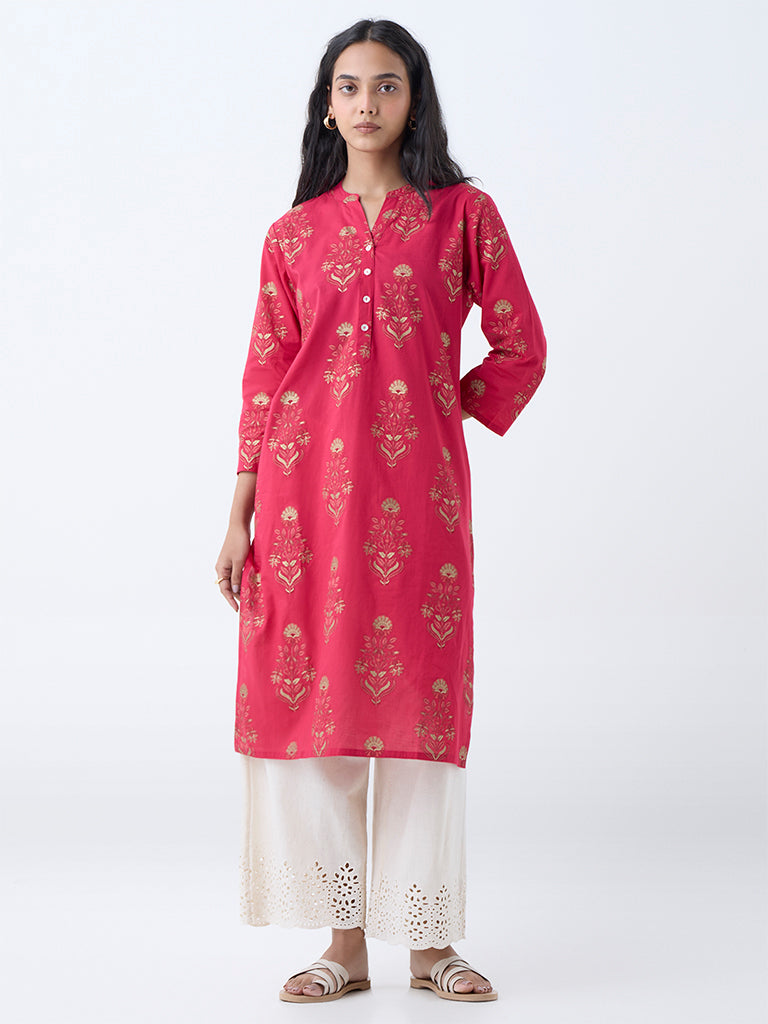 Westside Utsa Women's Coral Floral Design Straight Cotton Kurta for Everyday Front view