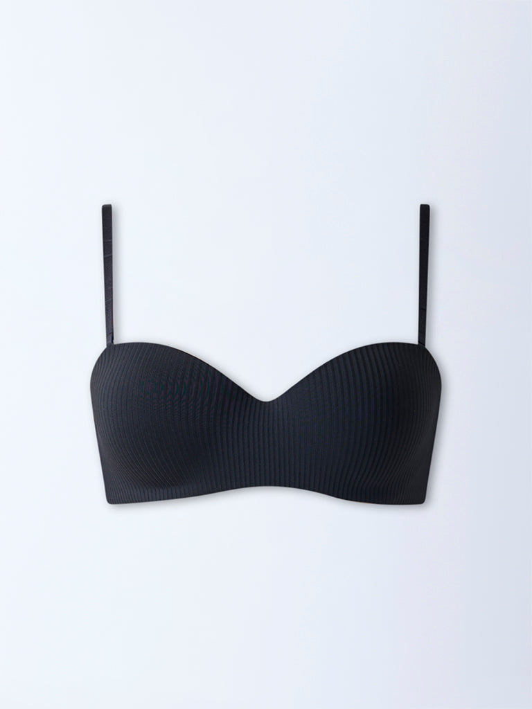 Wunderlove Black Self-Striped Underwired Strapless Bra