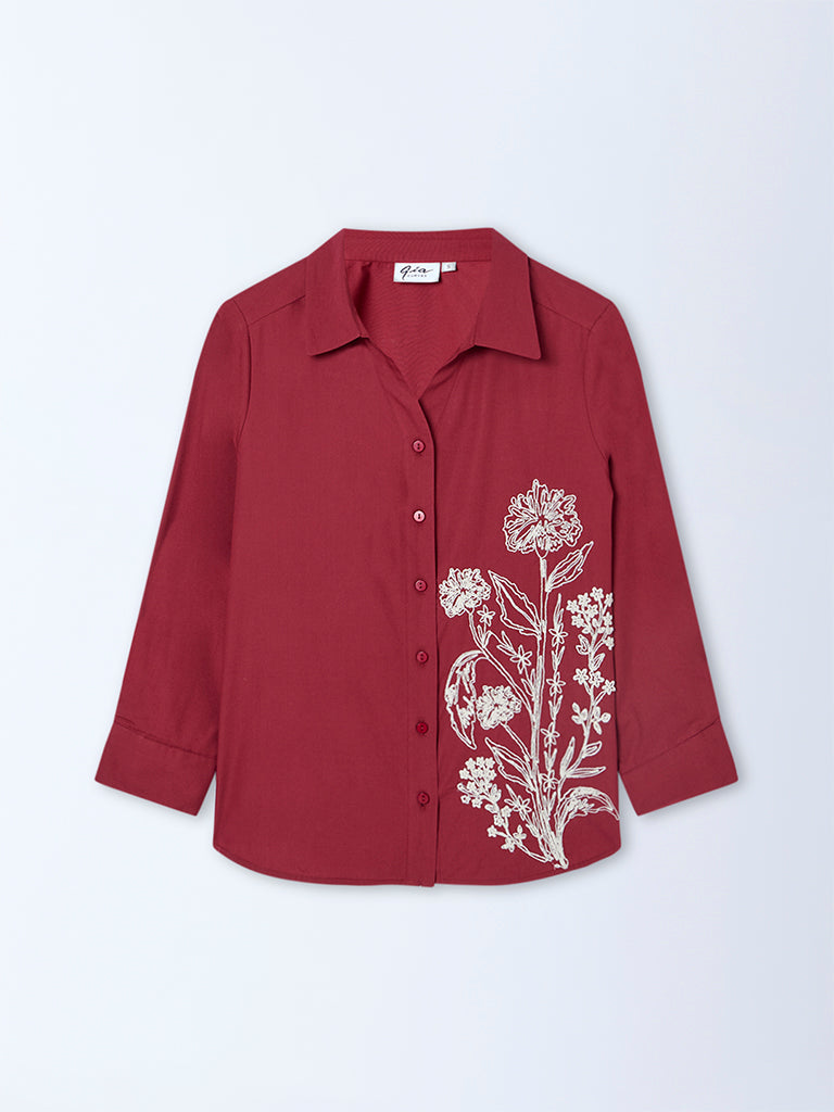 Westside Gia Women's Maroon Floral Embroidered Cotton Shirt for Casual Wear Flatly