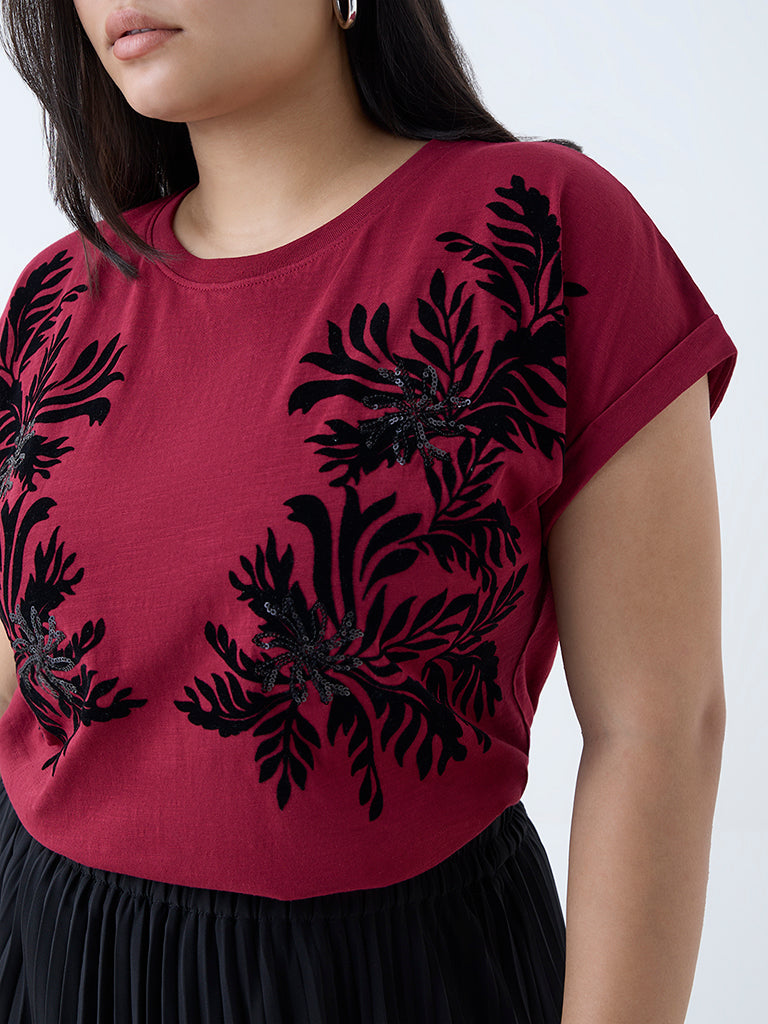 Westside Gia Women's Maroon Floral Pattern Cotton T-Shirt for Casual Wear Zoomed View