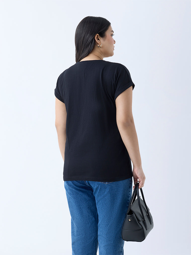 Westside Gia Women's Black Floral Embroidered Cotton T-Shirt for Casual Wear Back View