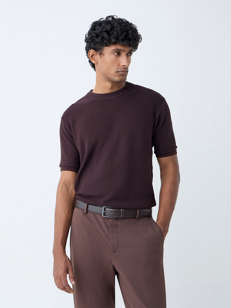 Westside WES Formals Men's Dark Brown Solid Slim-Fit T-Shirt for Work Wear Front view