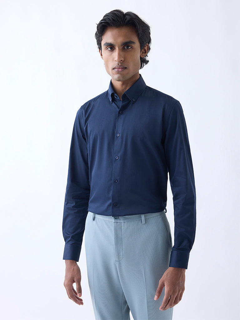 Westside WES Formals Men's Navy Slim-Fit Cotton-Blend Shirt for Work Wear Front view