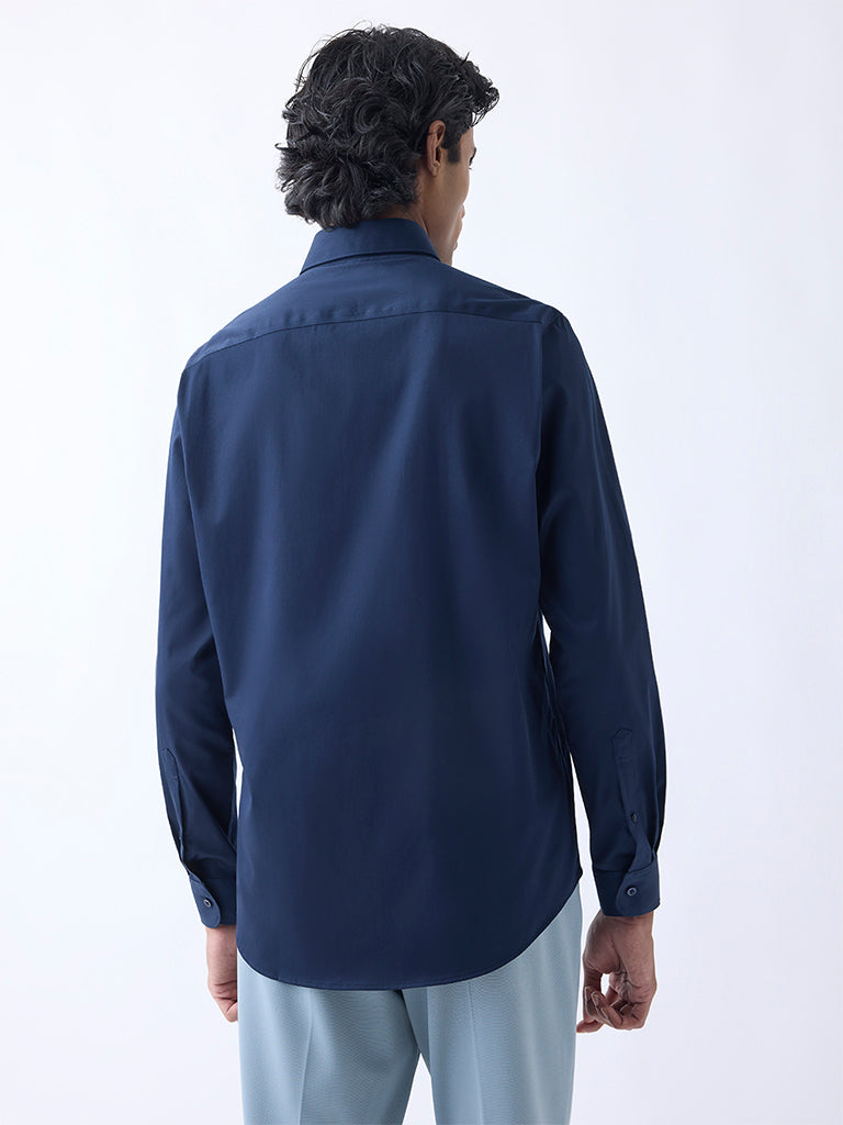 Westside WES Formals Men's Navy Slim-Fit Cotton-Blend Shirt for Work Wear Back View