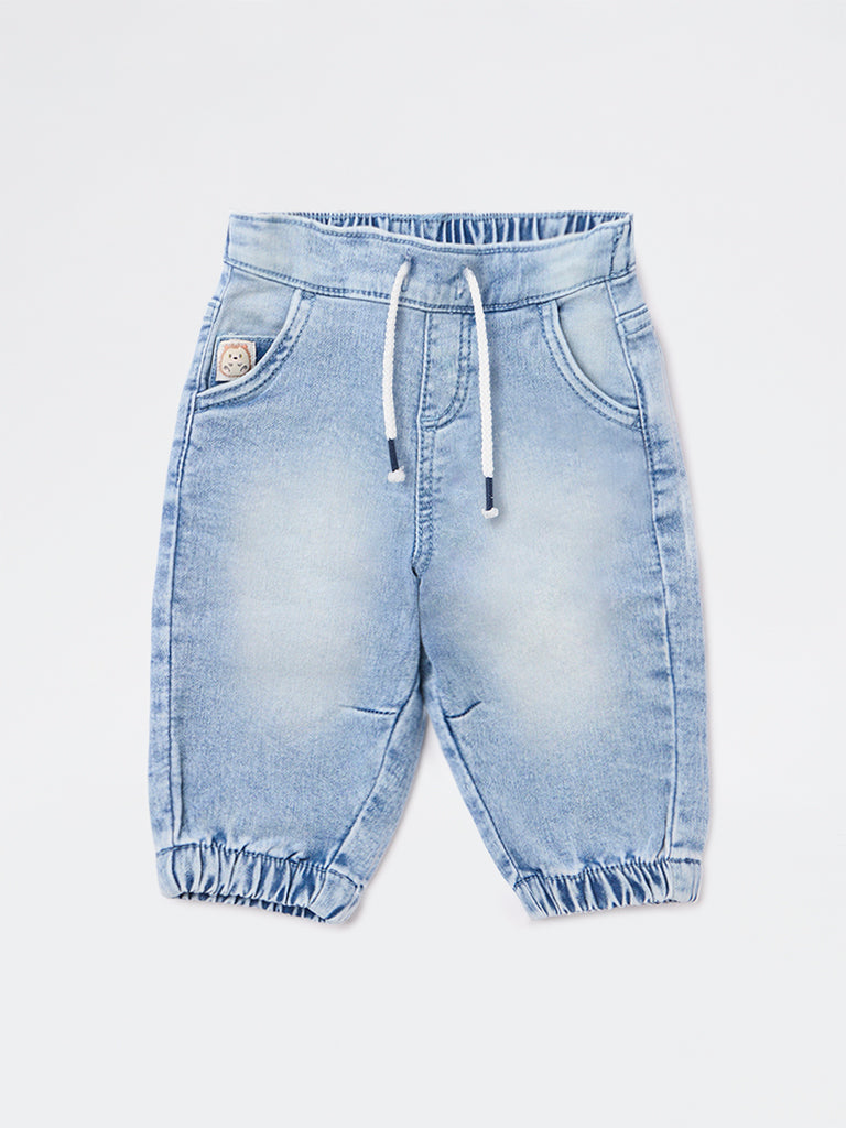 HOP Baby Boys Light Blue Faded Mid-Rise Denim Joggers