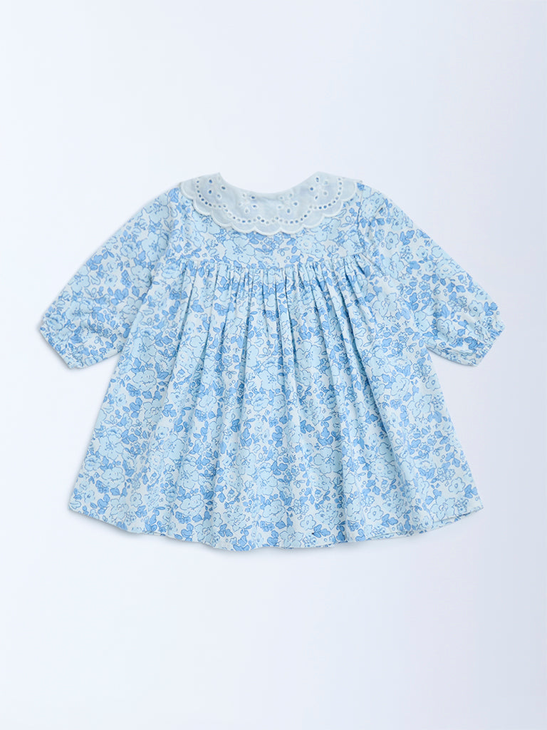 Westside HOP Baby Girls Blue Floral Detailed Cotton A-Line Dress for Casual Wear Back View