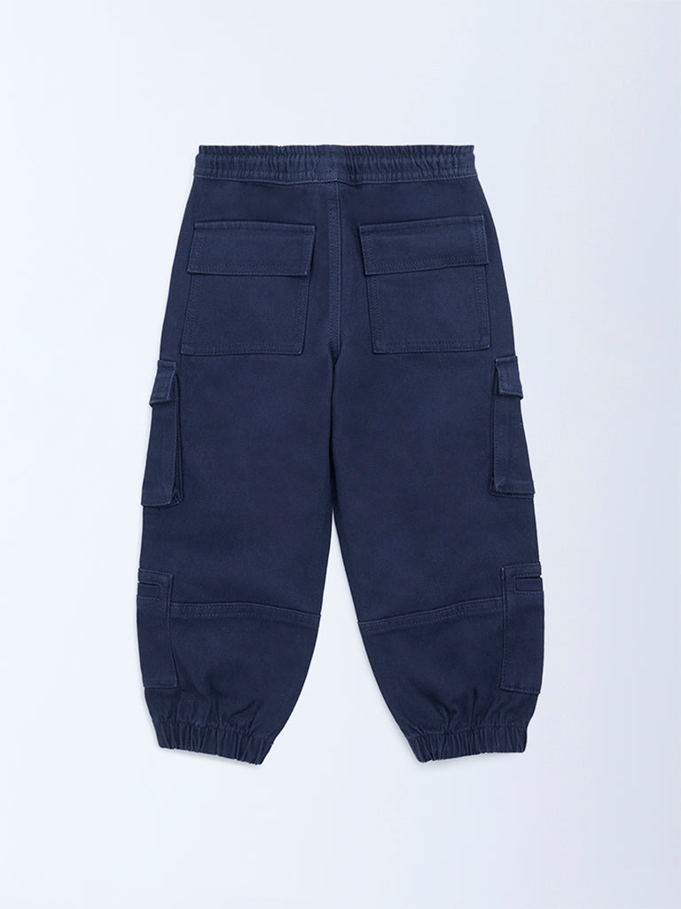 HOP Kids Boys Navy Mid-Rise Cotton-Blend Cargo Joggers