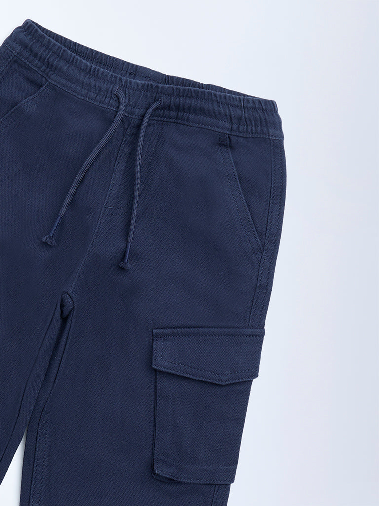 HOP Kids Boys Navy Mid-Rise Cotton-Blend Cargo Joggers