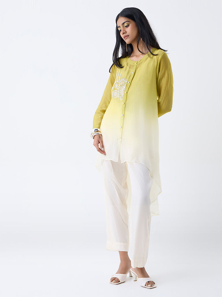 Westside Vark Women's Lime Ombre-Finish High-Low Kurta for Festival Wear Front view