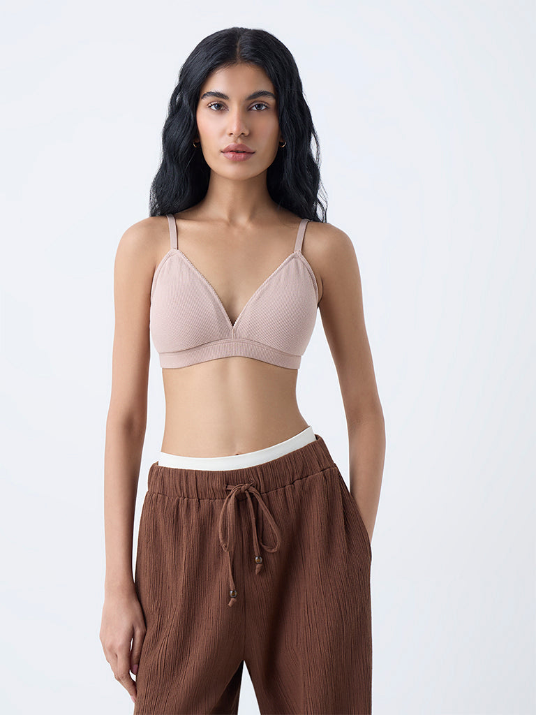 Superstar Taupe Waffle-Textured Padded Cotton-Blend Bra