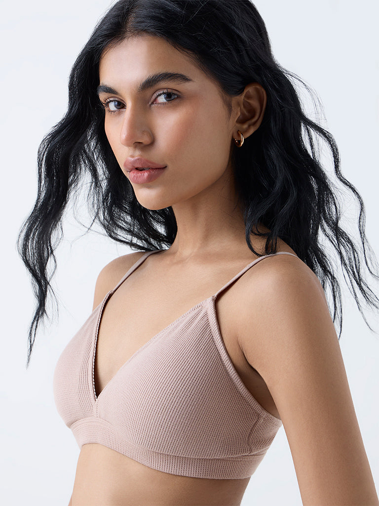 Superstar Taupe Waffle-Textured Padded Cotton-Blend Bra
