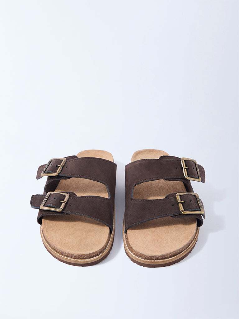 SOLEPLAY Brown Dual-Strap Leather Slip-On Sandals