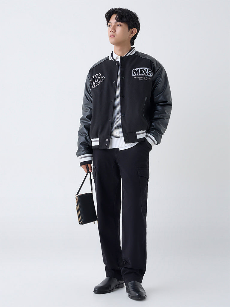 Nuon Black Text Design Relaxed-Fit Varsity Jacket