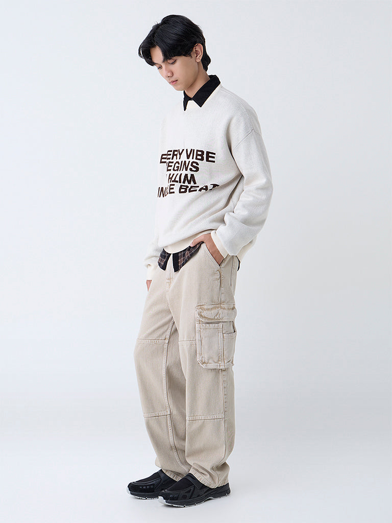 Nuon Beige Text Design Relaxed-Fit Cotton-Blend Sweater