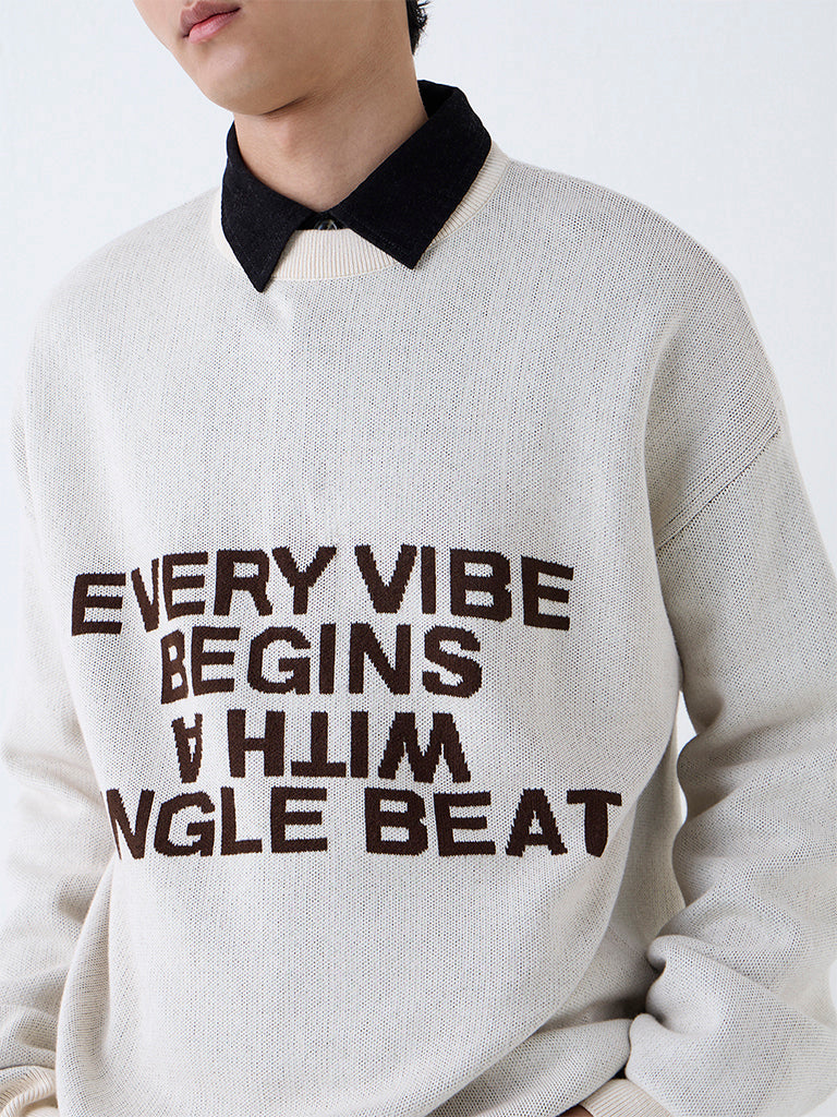 Nuon Beige Text Design Relaxed-Fit Cotton-Blend Sweater