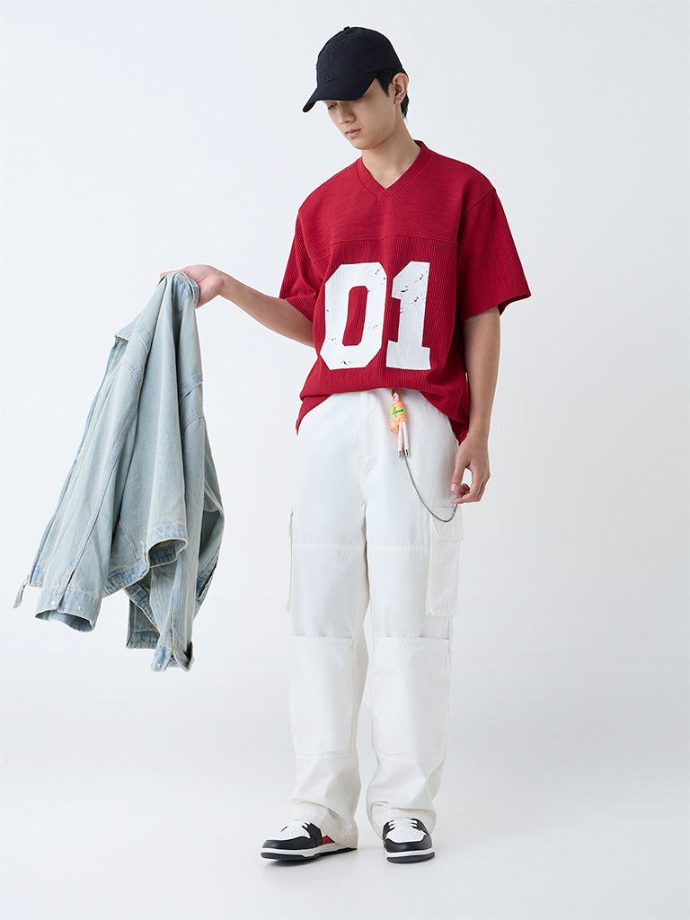 Westside Nuon Men's Red Numerical Design Ribbed Relaxed-Fit T-Shirt for Casual Wear Full View