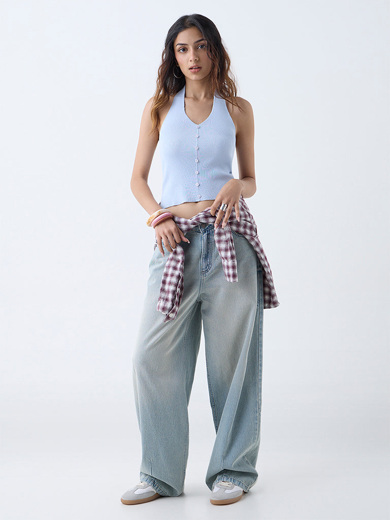 Westside Nuon Women's Light Blue Ribbed-Textured Top for Casual Wear Full View