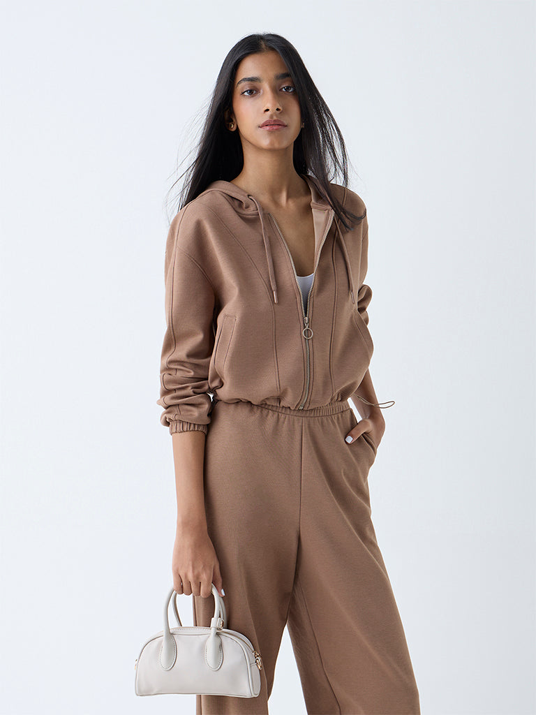 Westside Studiofit Women's Brown Solid Hooded Jacket for Sports Wear Full View