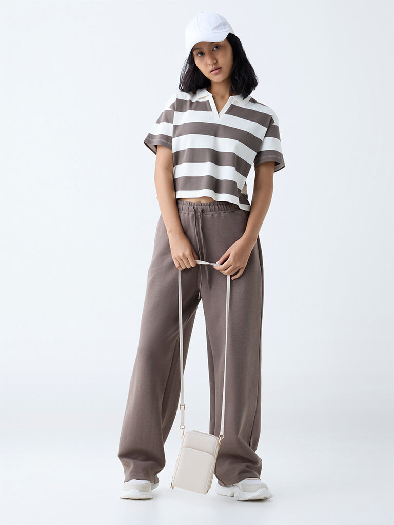 Westside Studiofit Women's Brown Striped Cotton-Blend T-Shirt for Sports Wear Full View