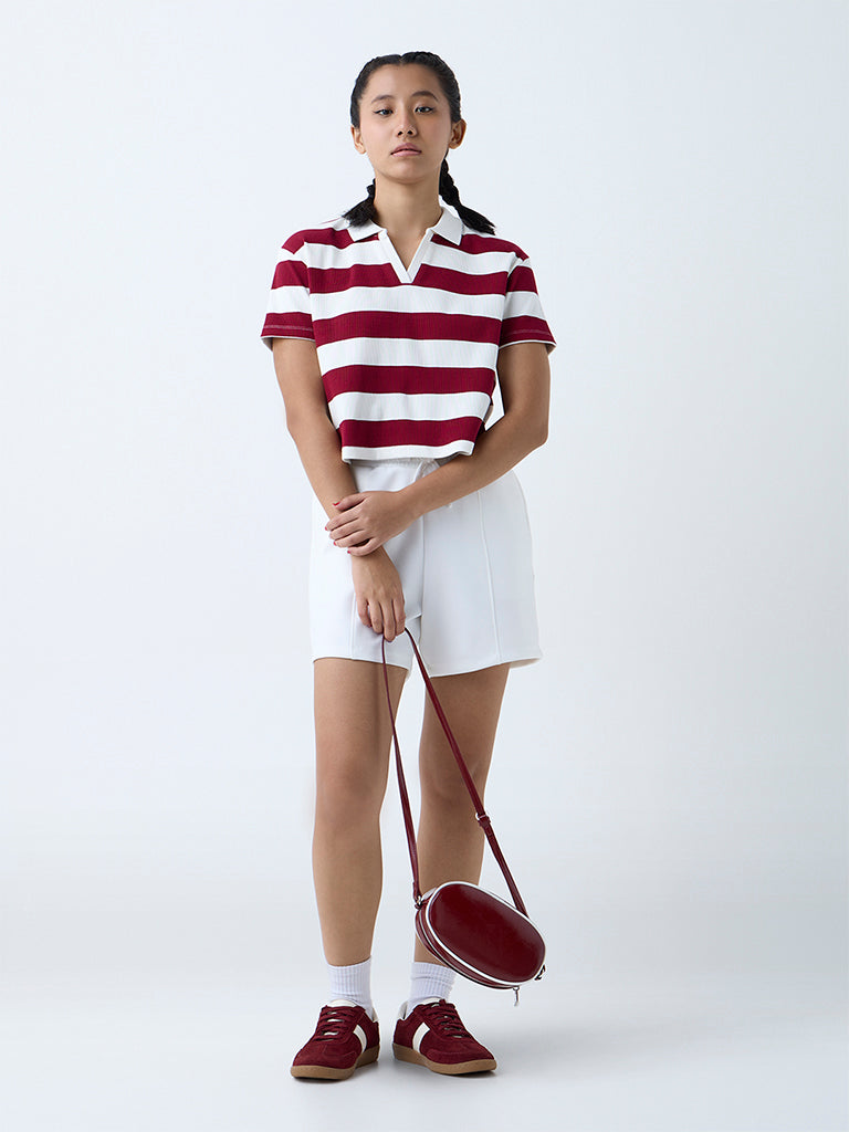 Westside Studiofit Women's Maroon Striped Cotton-Blend Polo T-Shirt for Sports Wear Full View