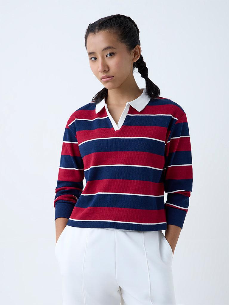 Westside Studiofit Women's Maroon Stripe Cotton-Blend T-Shirt for Sports Wear Front view