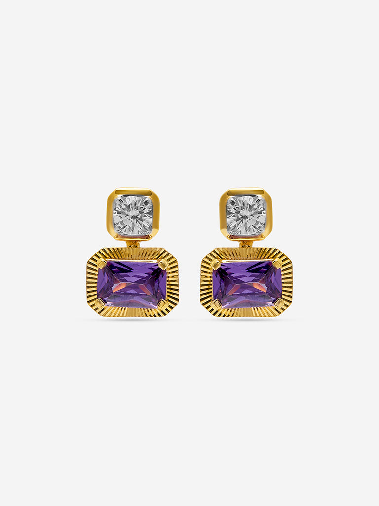 Amethyst Baguette & Diamond Duo Stud Gold Plated Earrings