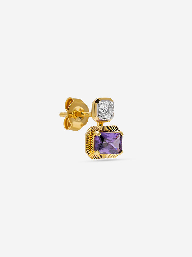 Amethyst Baguette & Diamond Duo Stud Gold Plated Earrings