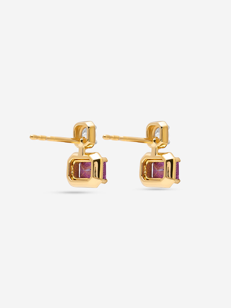 Amethyst Baguette & Diamond Duo Stud Gold Plated Earrings