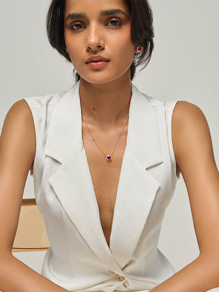 Cushion-Cut Ruby Gold Plated Lab Diamond Necklace