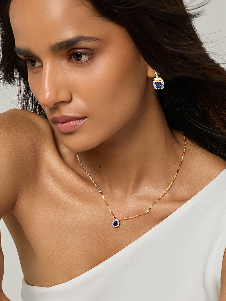 Sapphire Pear Gold Plated Lab Diamond Halo Necklace