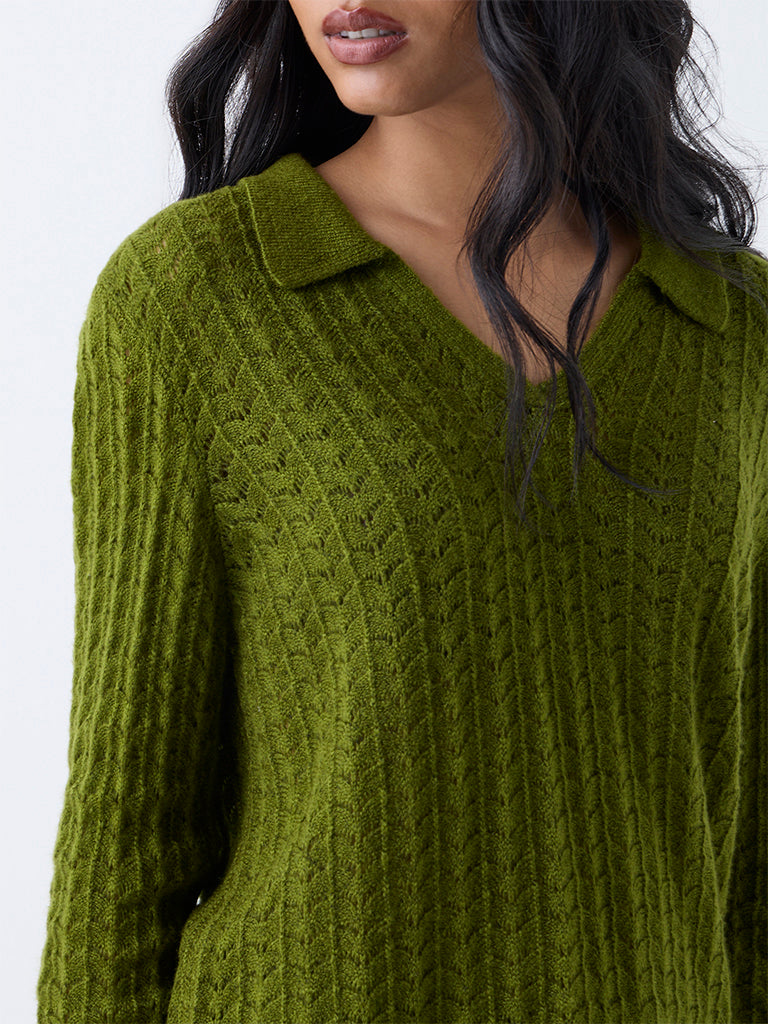 Westside LOV Women's Green Knit-Textured Sweater for Winter Wear Zoomed View