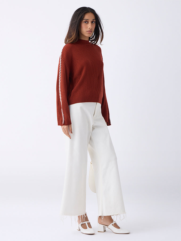 LOV Rust Ribbed-Textured Sweater