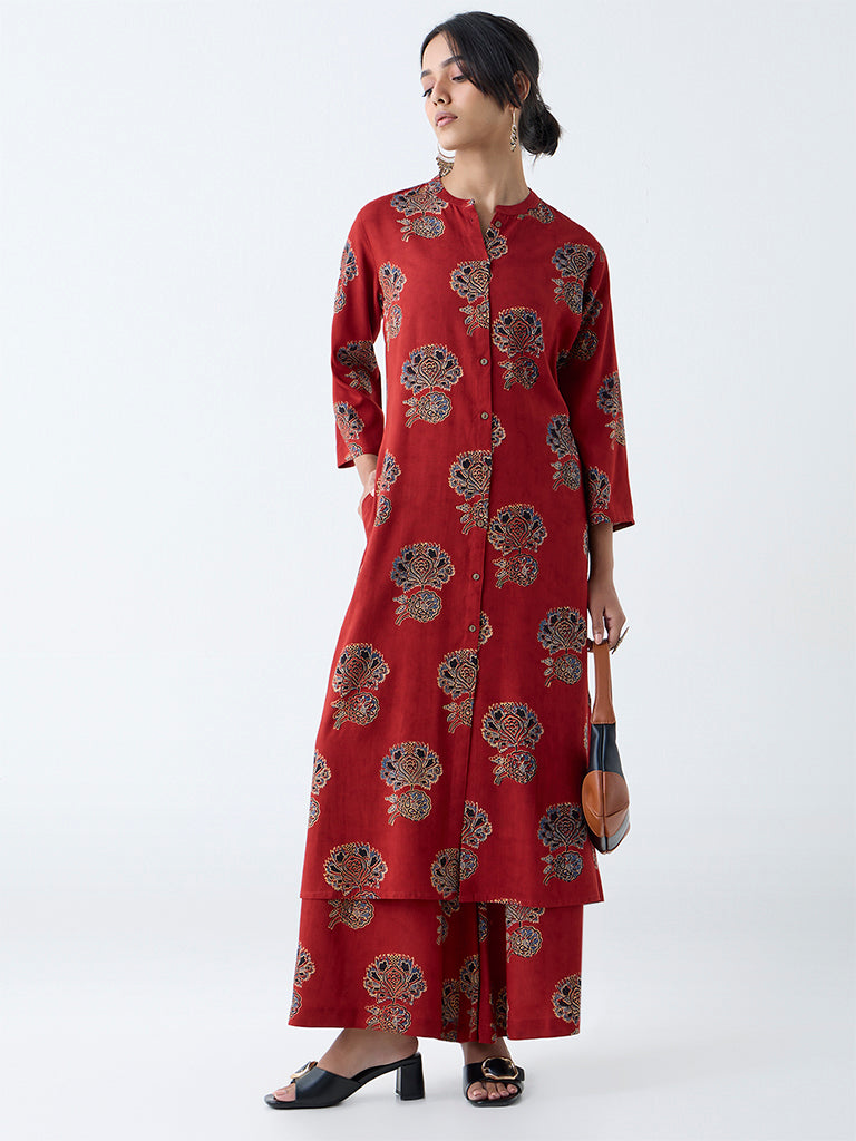 Westside Utsa Women's Red Floral Pattern A-Line Kurta for Work Wear Front view