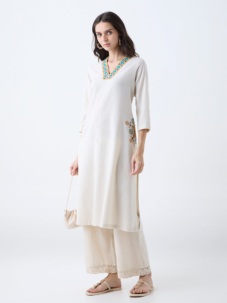 Westside Utsa Women's Beige Embroidered Cotton-Blend A-Line Kurta for Work Wear Front view