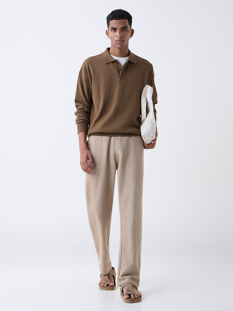 ETA Taupe Textured Relaxed-Fit Cotton-Blend Polo Sweater