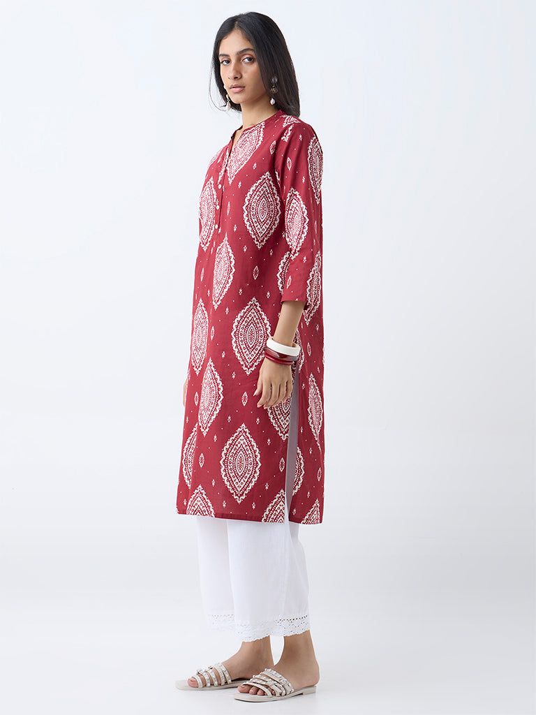 Westside Utsa Women's Maroon Printed Straight Cotton Kurta for Everyday Full View