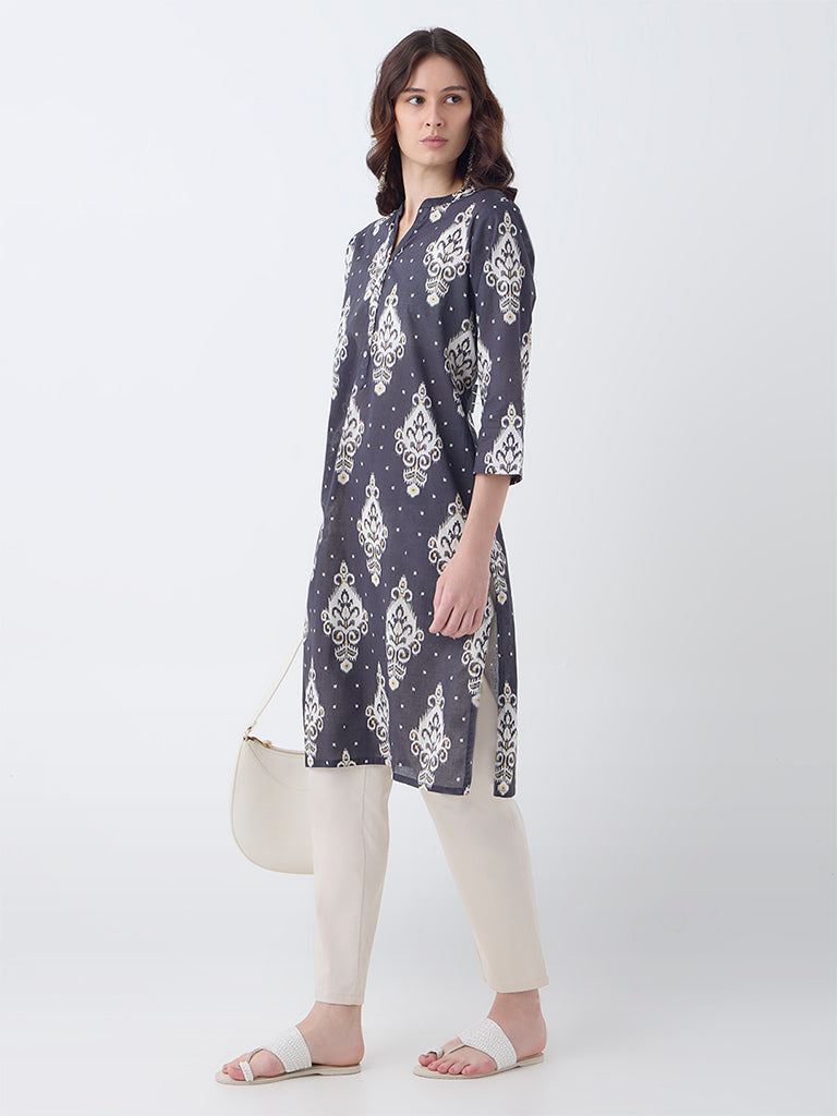 Westside Utsa Women's Black Ikat Printed Cotton Straight Kurta for Everyday Front view